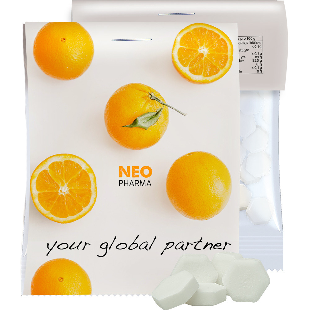 Bio Traubenzucker Orange Drops, ca. 15g, Express Midi-Tüte mit Werbereiter