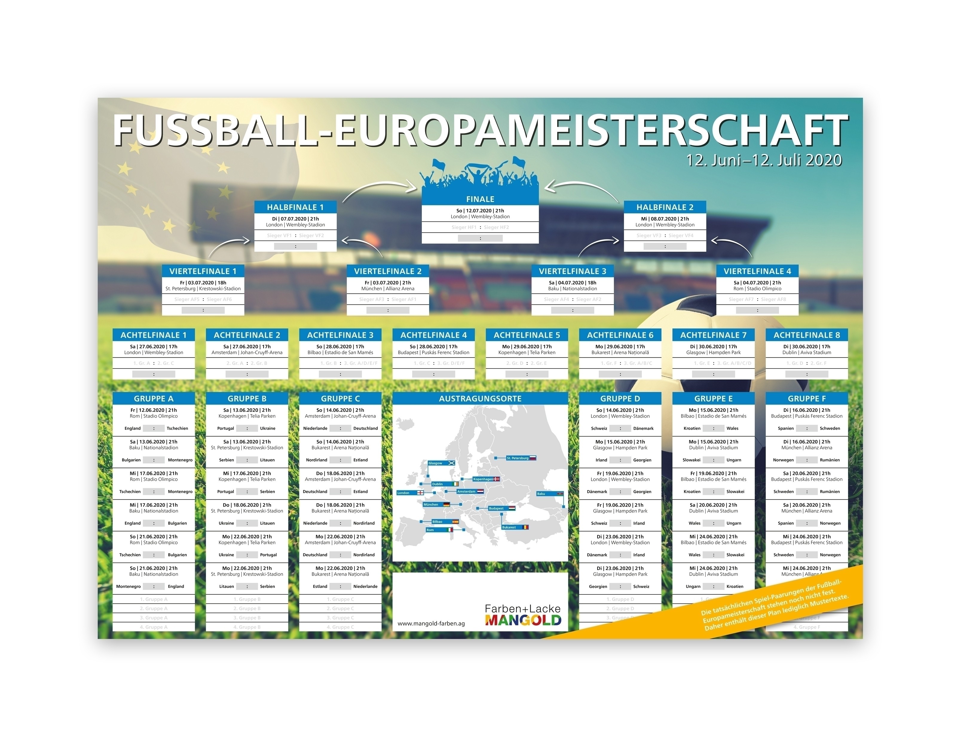 Fußball-Europameisterschaft 2020 EM-Planer A2 plano