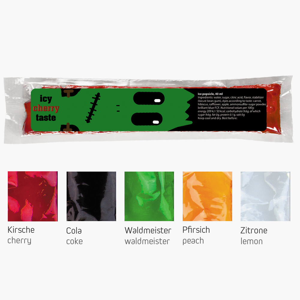Wassereis im 5er Sortenmix (Kirsche, Waldmeister, Cola, Zitrone, Pfirsich), 40 ml, Express Schlauchtüte mit Etikett