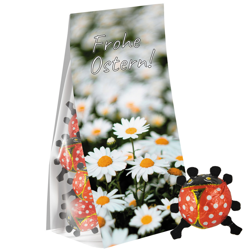 Schoko-Marienkäfer, ca. 36g, Express Blockbodenbeutel mit Werbereiter