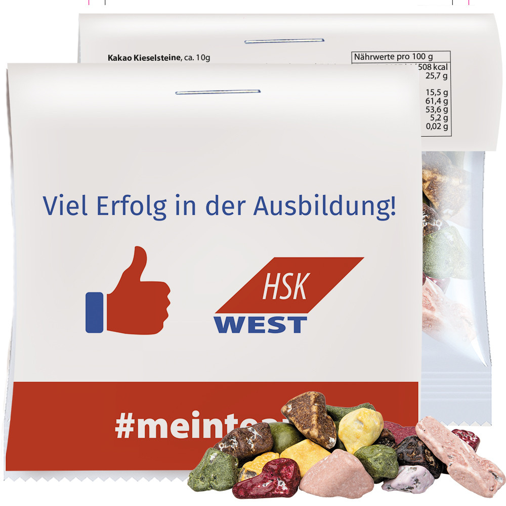 Kakao Kieselsteine, ca. 10g, Express Mini-Tüte mit Werbereiter