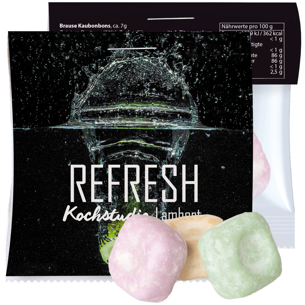 Bunte Brause Bonbons, ca. 8g, Express Mini-Tüte mit Werbereiter