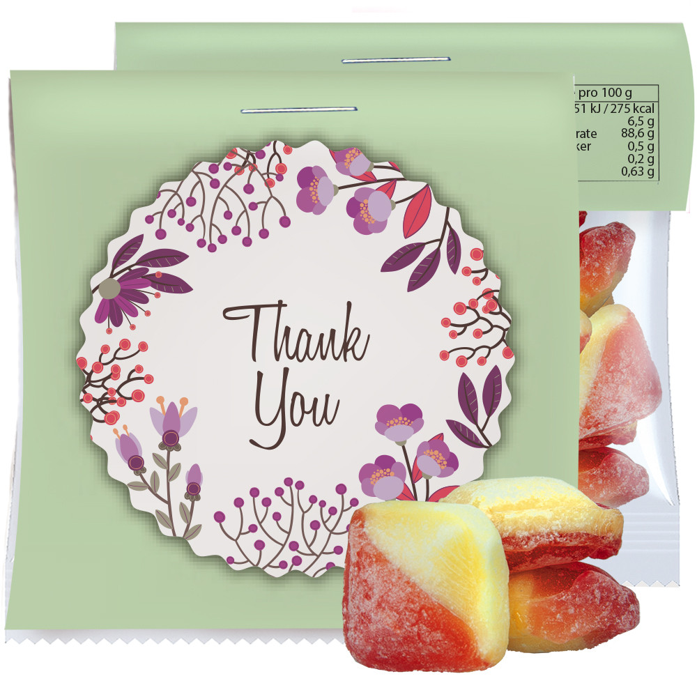 Rote Grütze-Vanille Bonbons, ca. 7g, Express Mini-Tüte mit Werbereiter