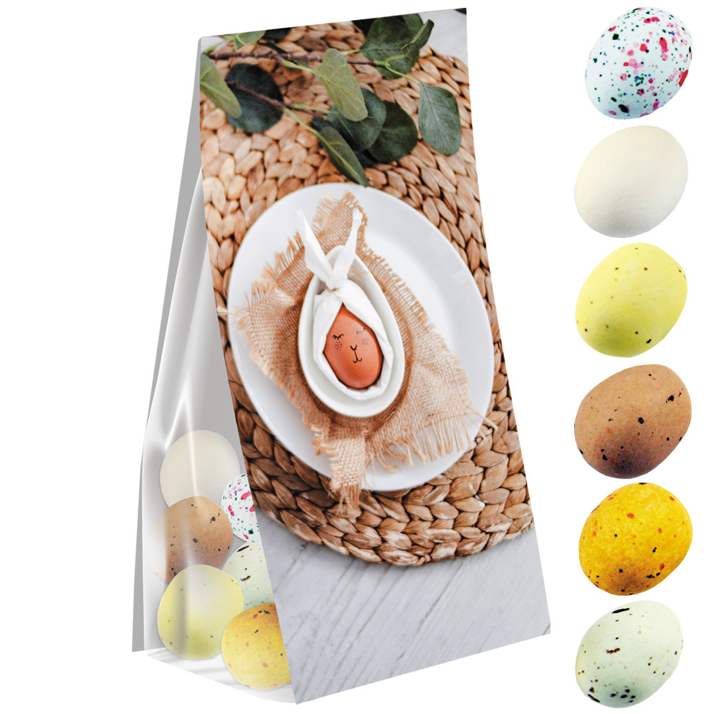Ostereier Mix verschiedene Füllungen, ca. 50g, Express Blockbodenbeutel mit Werbereiter