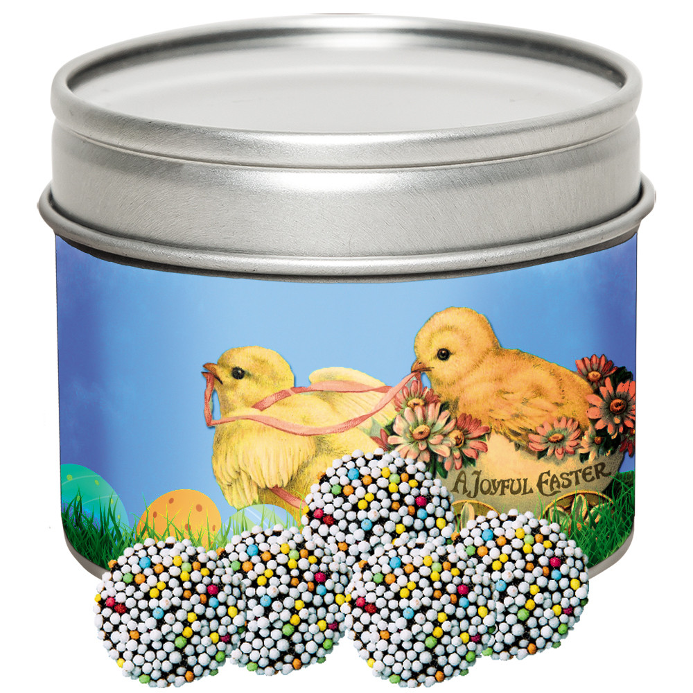 Bunte Schokotaler, ca. 60g, Metalldose mit Sichtfenster