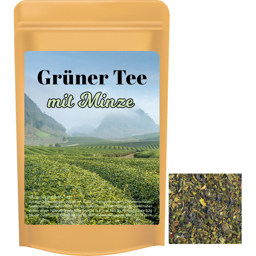 Bio Grüner Tee mit Minze, ca. 12g, Standbeutel Mini
