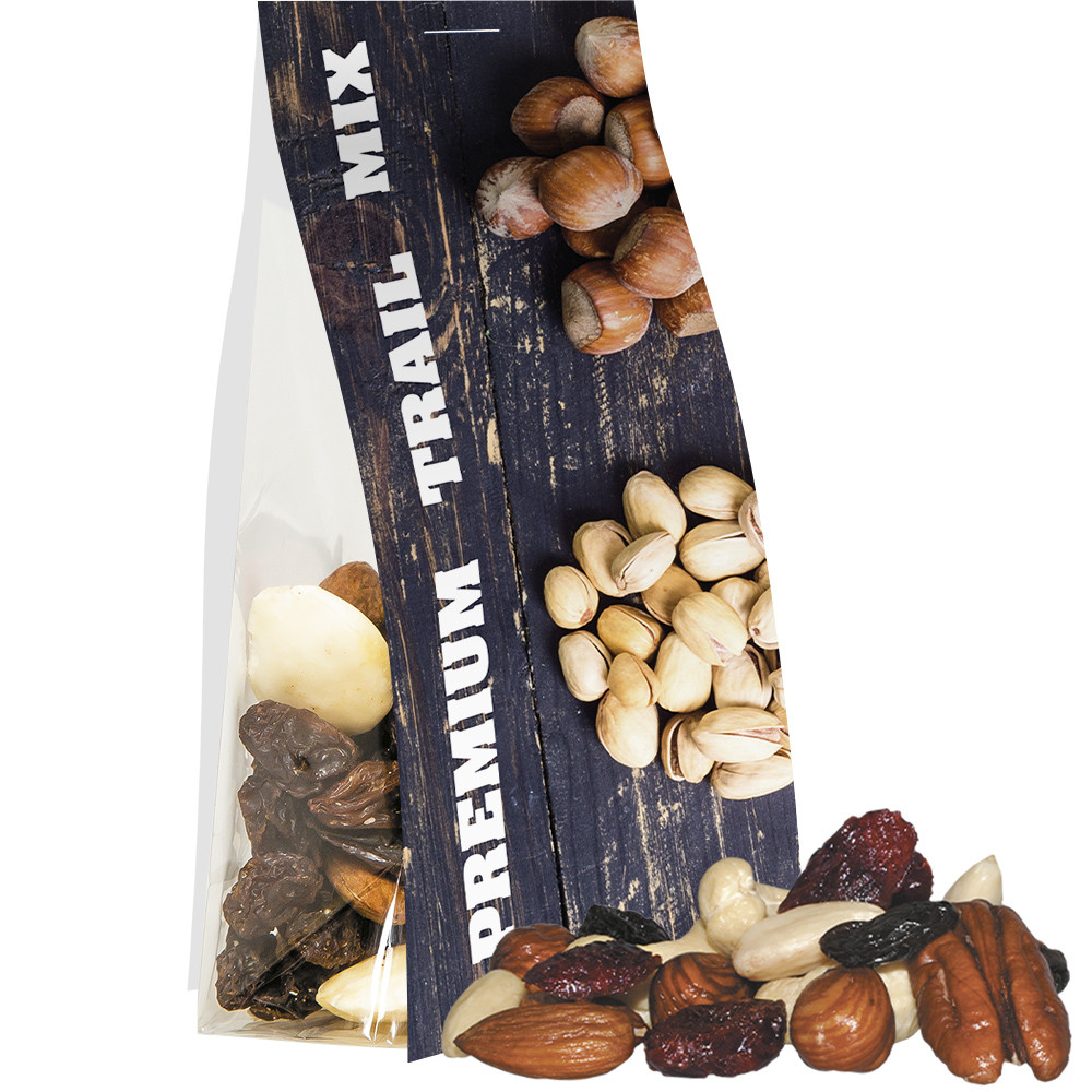 Premium Studentenfutter, ca. 40g, Express Blockbodenbeutel mit Werbereiter