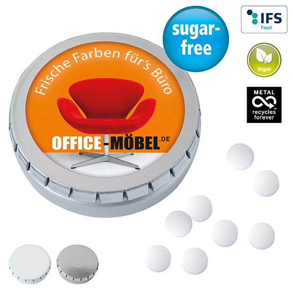 MINI-Drück-mich-Dose mit Pfefferminzpastillen, 50g