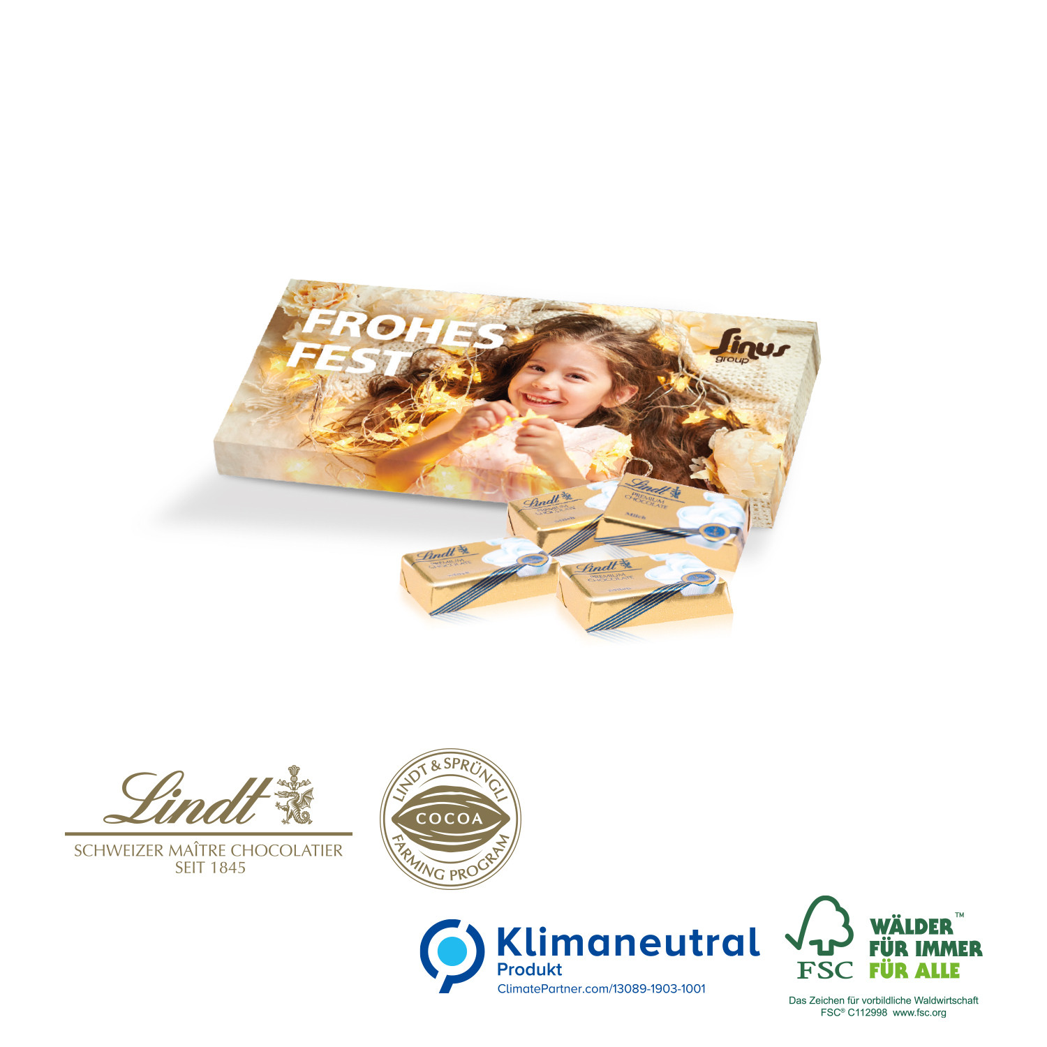 Lindt Schokotäfelchen in Präsentbox, mit Schoko-Einlage, Klimaneutral, FSC®