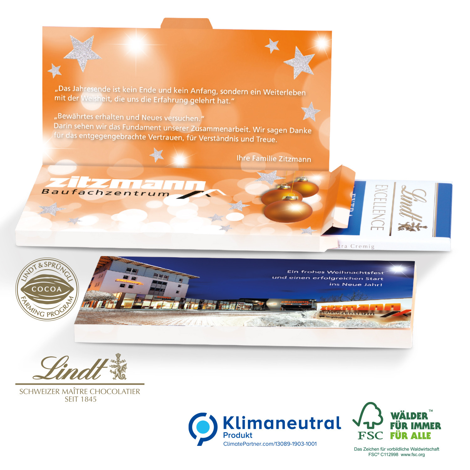 Grußkarte mit Schokoladentafel von Lindt Excellence, Klimaneutral, FSC®