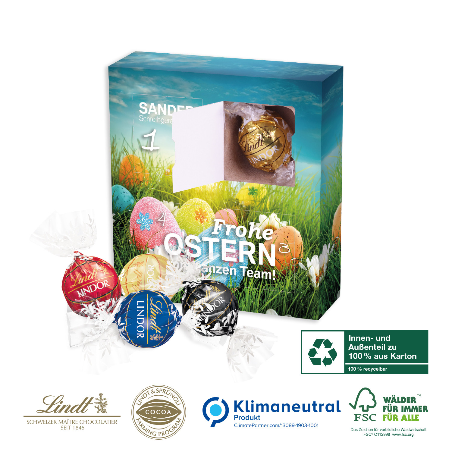 Karton-Osterkalender Lindt Lindor mit vier Türchen, Klimaneutral, FSC®