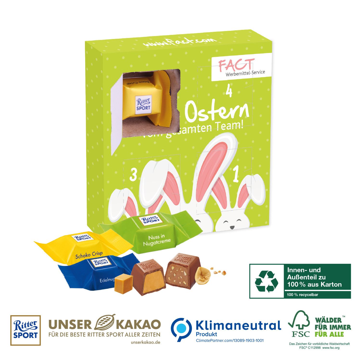 Karton-Osterkalender Ritter SPORT mit vier Türchen, Klimaneutral, FSC®