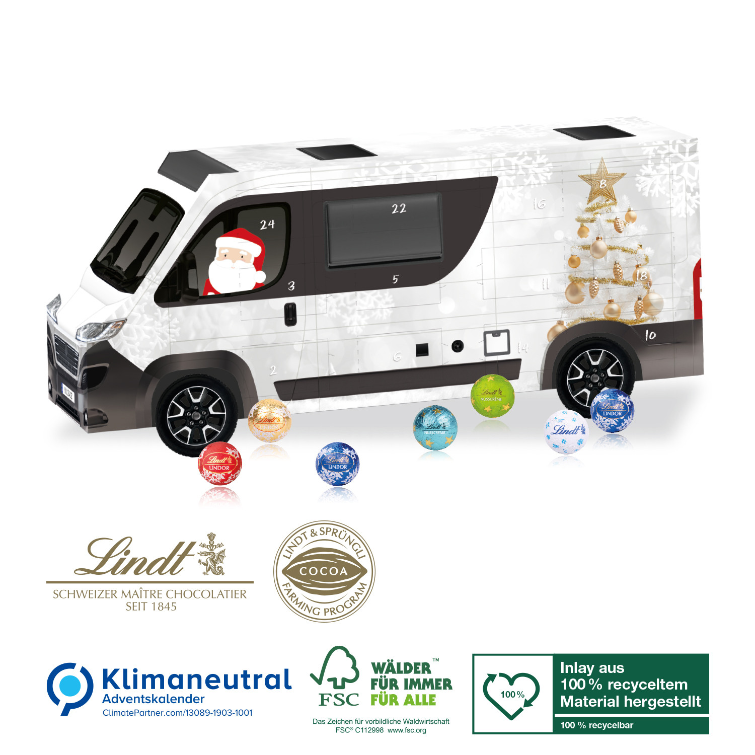 3D Adventskalender Lindt Camper, Klimaneutral, FSC®, Inlay aus 100% recyceltem Material