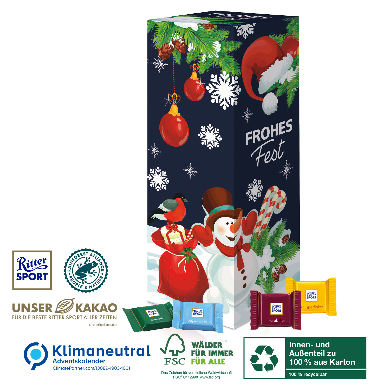 Karton Adventskalender Turm Ritter SPORT, Klimaneutral, FSC®, Innen- und Außenteil zu 100% aus Karton