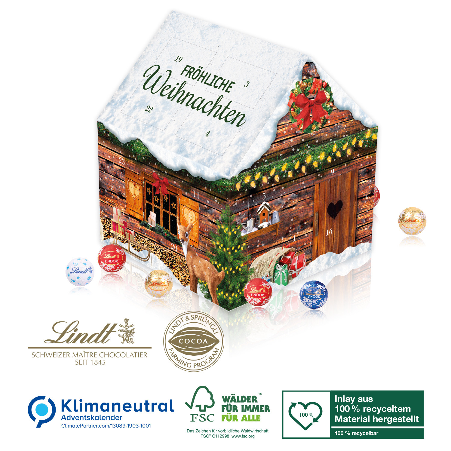 Adventskalender Lindt Weihnachtshaus, Klimaneutral, FSC®, Inlay aus 100% recyceltem Material