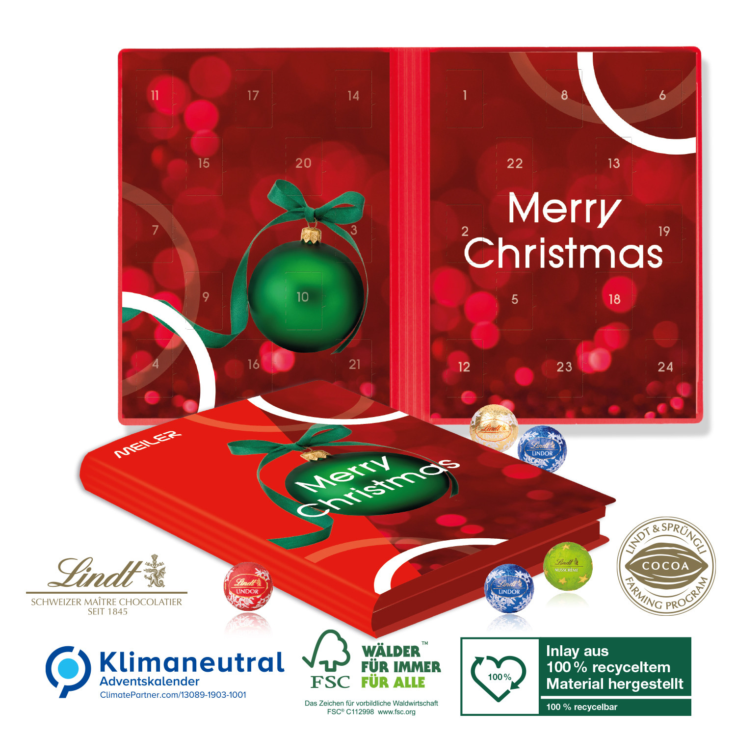 Adventskalender Weihnachtsbuch Exklusiv mit Lindt Minis, Klimaneutral, FSC®, Inlay aus 100% recyceltem Material
