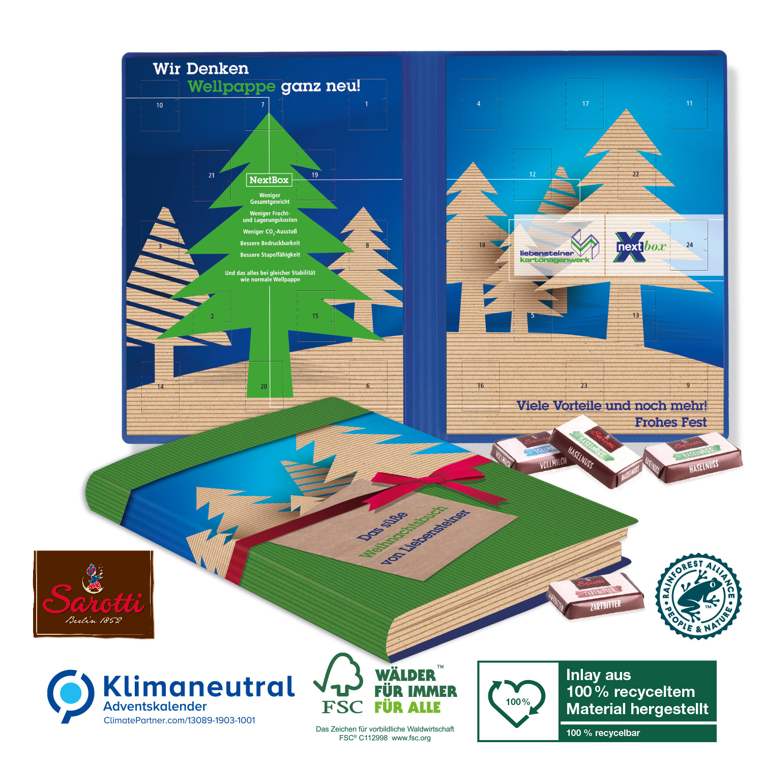 Adventskalender Weihnachtsbuch Exklusiv mit Sarotti Schokotäfelchen, Klimaneutral, FSC®, Inlay aus 100% recyceltem Material
