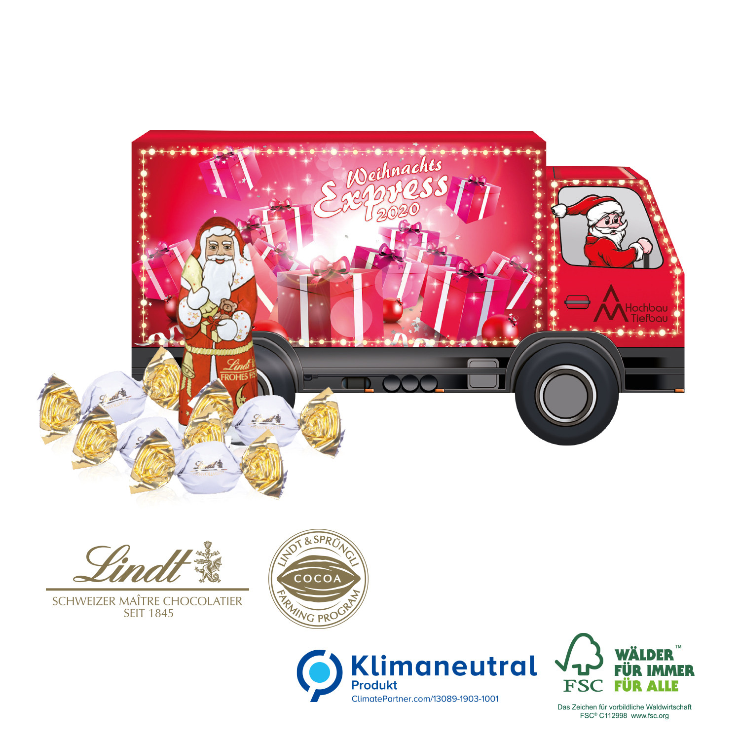 3D Präsent LKW mit Lindt Santa & Vollmilchkugeln, Klimaneutral, FSC®