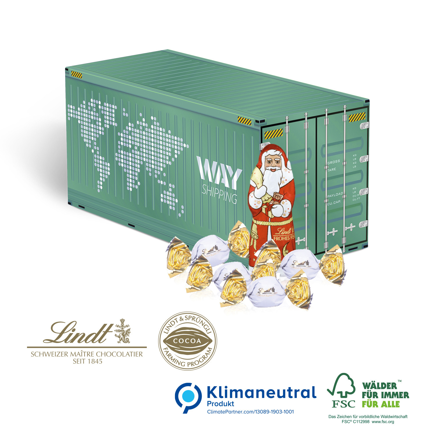 3D Präsent Container mit Lindt Santa & Vollmilchkugeln, Klimaneutral, FSC®