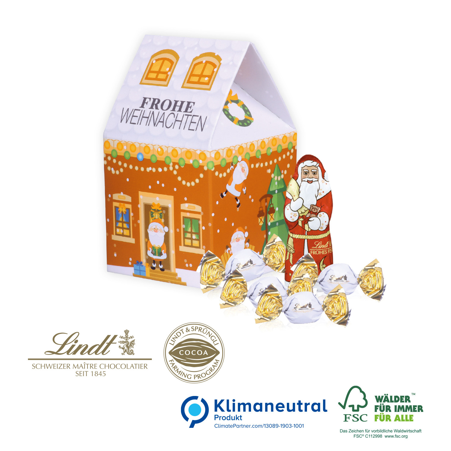 3D Präsent Haus mit Lindt Santa & Vollmilchkugeln, Klimaneutral, FSC®