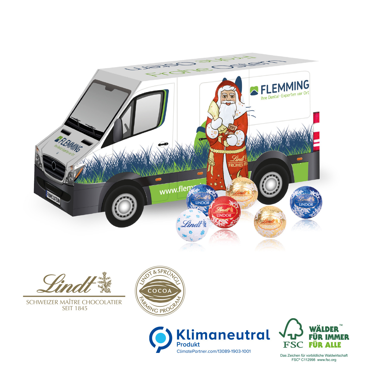 3D Präsent Transporter mit Lindt Santa & Lindt Minis, Klimaneutral, FSC®