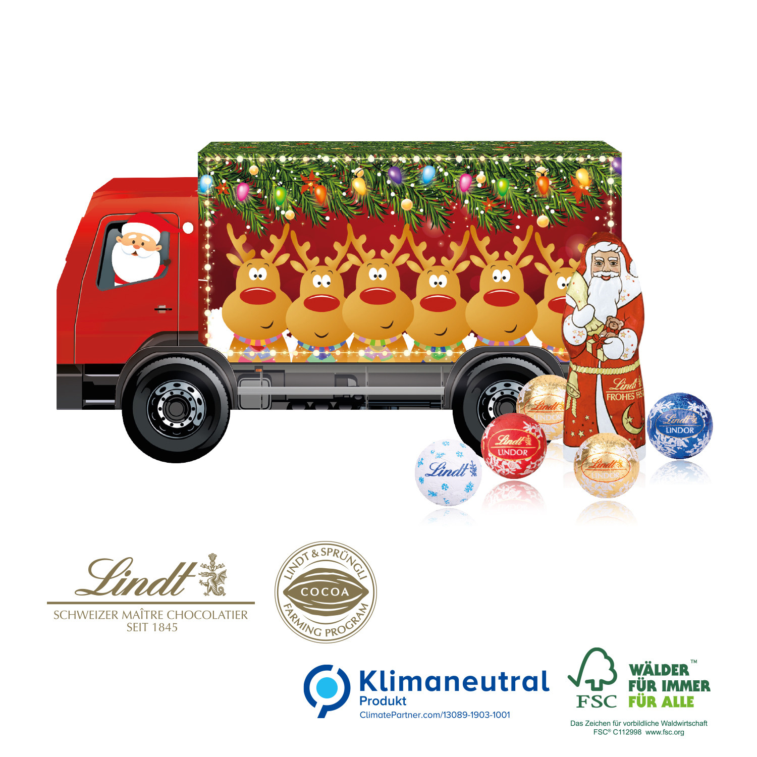 3D Präsent LKW mit Lindt Santa & Lindt Minis, Klimaneutral, FSC®