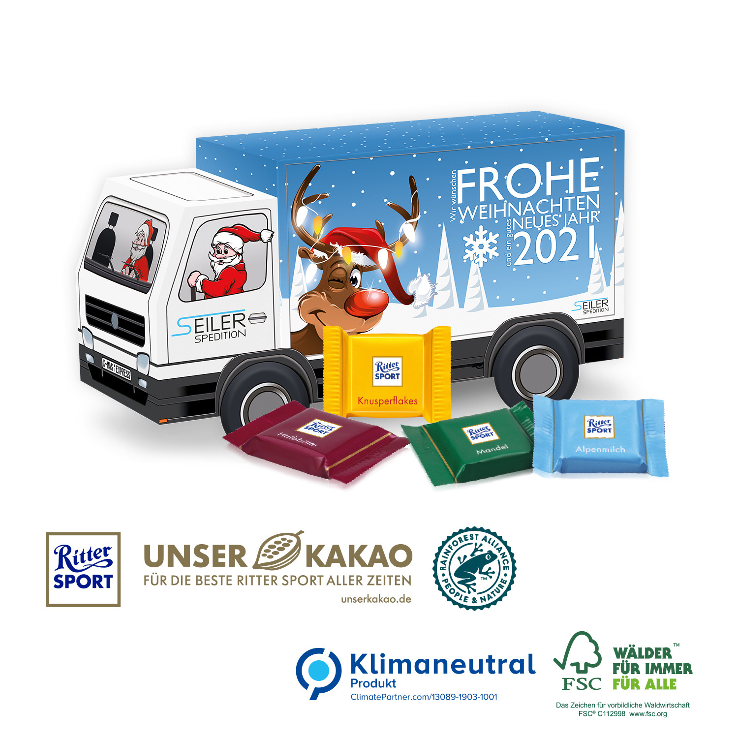 3D Präsent LKW mit Ritter SPORT Schokotäfelchen, Klimaneutral, FSC®