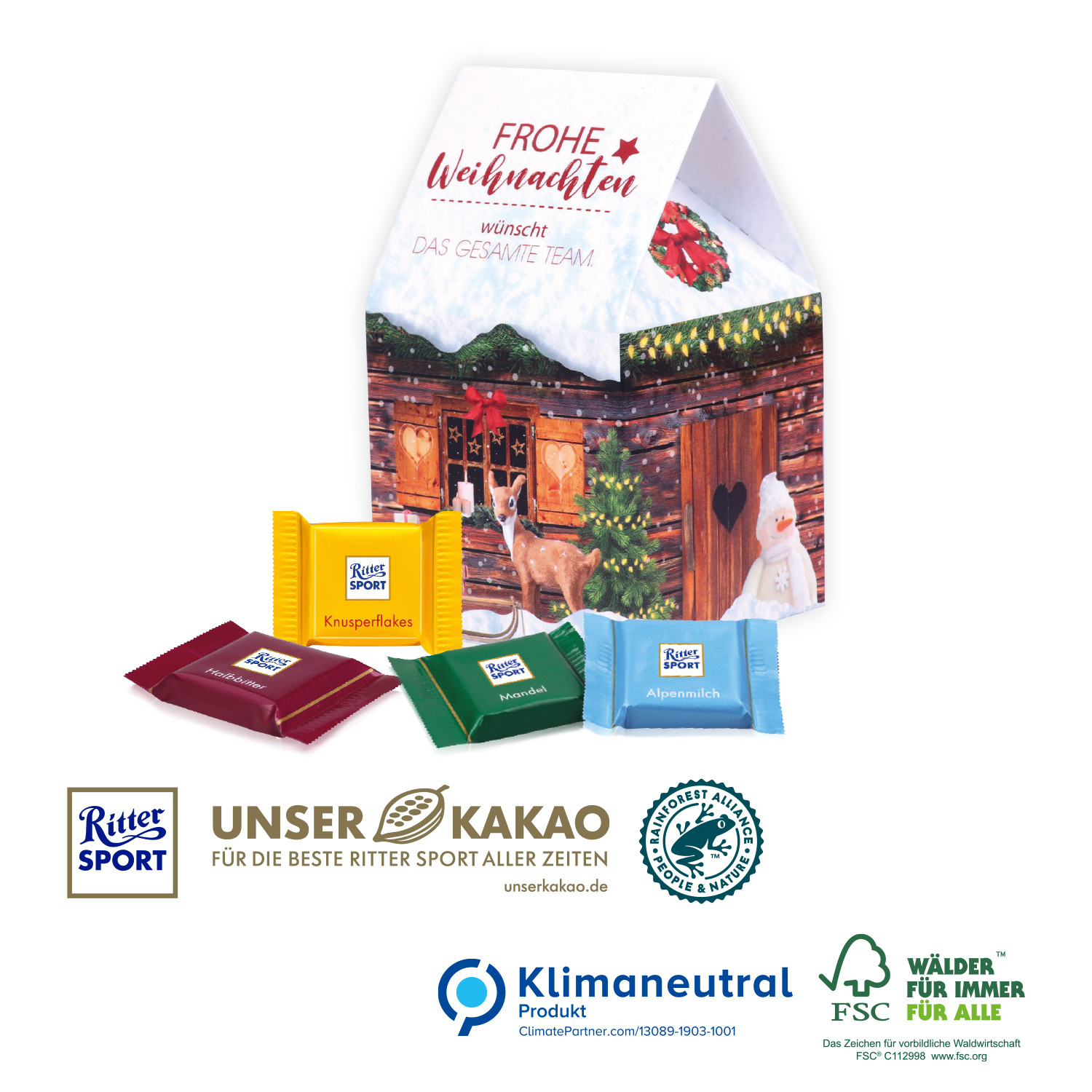 3D Präsent Haus mit Ritter SPORT Schokotäfelchen, Klimaneutral, FSC®