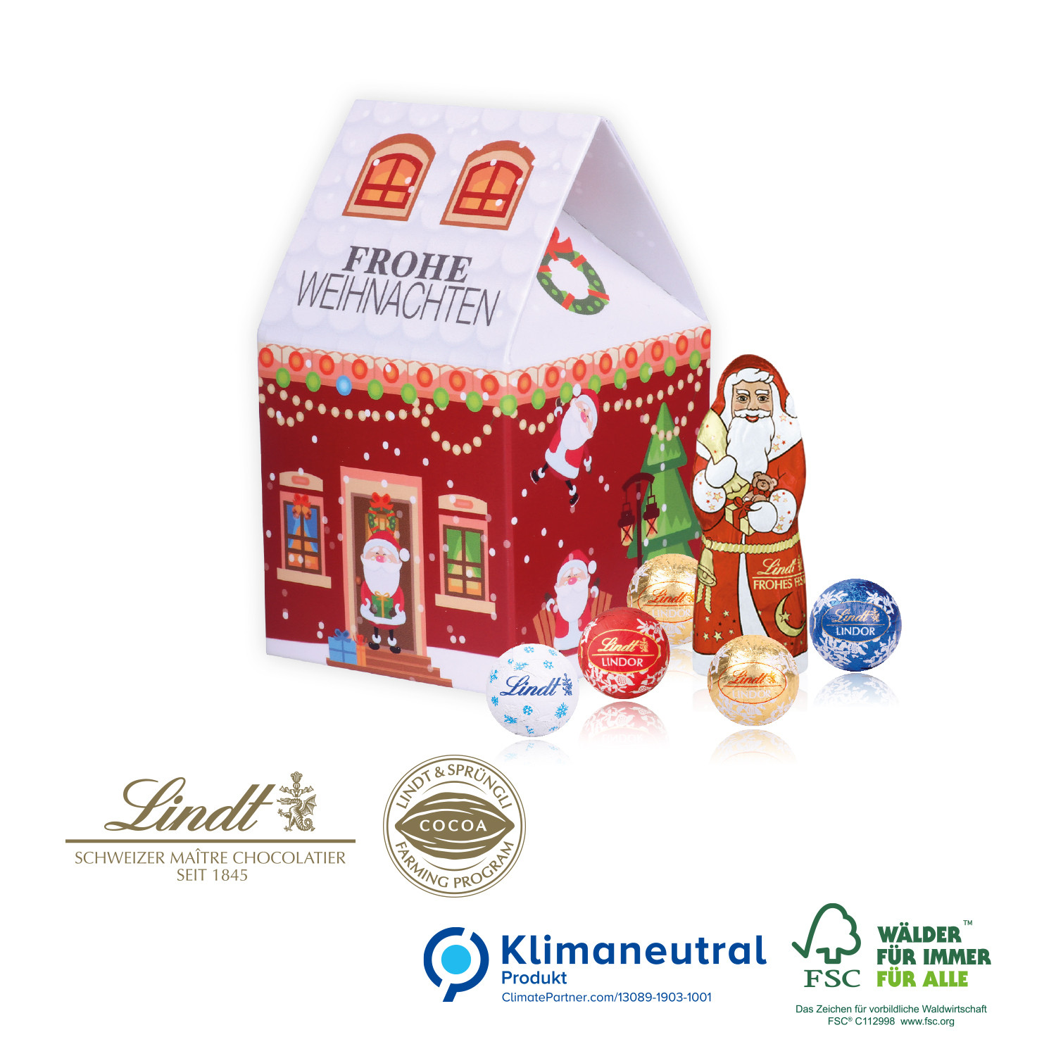 3D Präsent Haus mit Lindt Santa & Lindt Minis, Klimaneutral, FSC®
