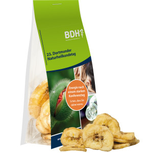 Bio Bananenchips, ca. 25g, Express Blockbodenbeutel mit Werbereiter
