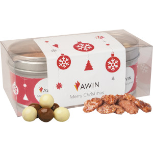 Bio Knusper Weihnachtsset mit feuergebrannten Mandeln und Knusperkugeln im MIx, ca. 105g, Metalldose mit Sichtfenster im 2er Set