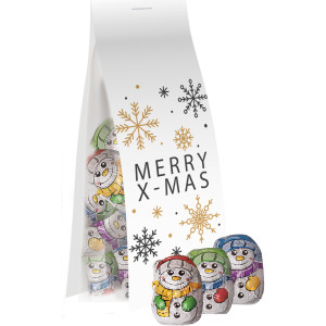 Mini Schoko Schneemänner, ca. 40g, Express Blockbodenbeutel mit Werbereiter