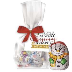 Mini Schoko Schneemänner, ca. 40g, Express kompostierbarer Flachbeutel mit Werbekarte