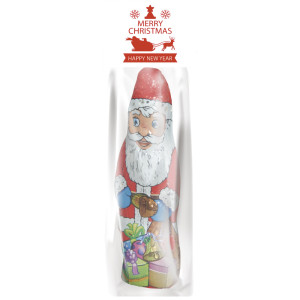 Schoko Weihnachtsmann, 60g, Blockbodenbeutel mit Werbereiter