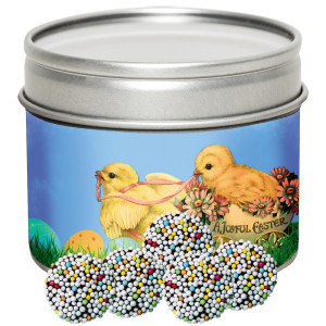 Bunte Schokotaler, ca. 60g, Metalldose mit Sichtfenster