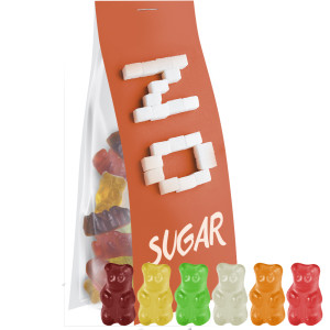 Gummibärchen zuckerfrei, ca. 40g, Express Blockbodenbeutel mit Werbereiter