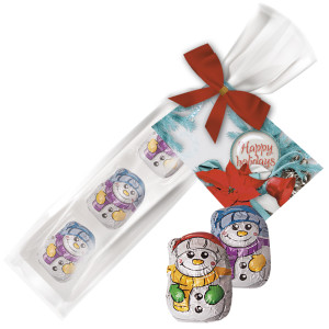 Mini Schoko Schneemänner, ca. 15g, Express Präsent-Beutel mit Werbekarte