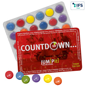 Kleinster Event-Kalender der Welt mit 24 bunten Schokolinsen