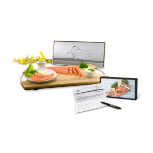 Geschenkartikel / Präsentartikel: Lachs-Gutschein in Holzbox: Filet