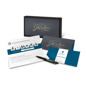 Geschenkgutschein Blau in Holzkiste, Kategorie 20 €, große Auswahl an Präsenten, Lifestyle- und Wellnessprodukten