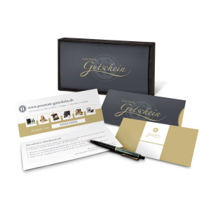 Geschenkgutschein Gold in Holzkiste, Kategorie 35 €, große Auswahl an Präsenten, Lifestyle- und Wellnessprodukten