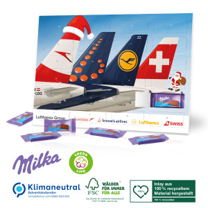 Tisch-Adventskalender mit Milka Schokolade, Klimaneutral, FSC®, Inlay aus 100% recyceltem Material