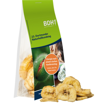 Bio Bananenchips, ca. 25g, Express Blockbodenbeutel mit Werbereiter