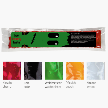 Wassereis im 5er Sortenmix (Kirsche, Waldmeister, Cola, Zitrone, Pfirsich), 40 ml, Express Schlauchtüte mit Etikett