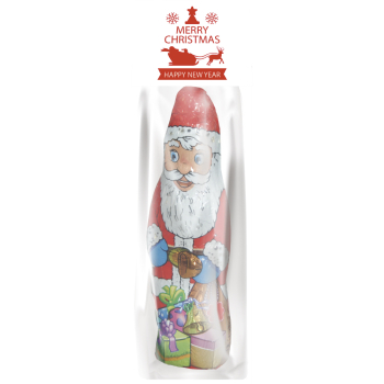 Schoko Weihnachtsmann, 60g, Blockbodenbeutel mit Werbereiter