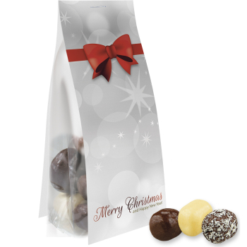 Schokolierte Kokoswürfel-Mix, ca. 40g, Express Blockbodenbeutel mit Werbereiter