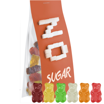 Gummibärchen zuckerfrei, ca. 40g, Express Blockbodenbeutel mit Werbereiter