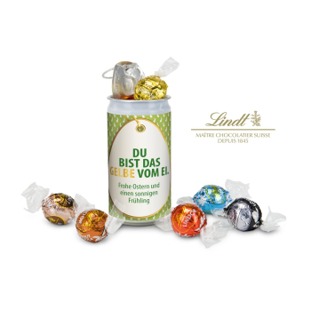 Geschenkartikel / Präsentartikel: Lindt-Geheimnis Ostern, das Nest in der Dose - Etikett Du bist das Gelbe vom Ei