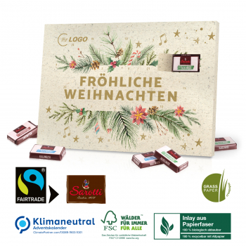 Adventskalender aus Graspapier mit Fairtrade-Kakao, Klimaneutral, FSC®, Inlay aus Papierfaser