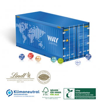 3D Adventskalender Container mit Lindt Lindor, Klimaneutral, FSC®, Inlay kompostierbar